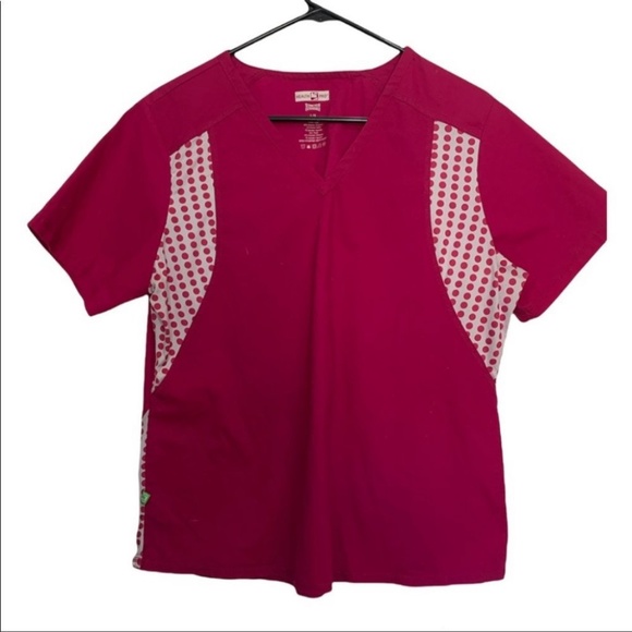 3/$30  Health Pro stretch dark pink polka dot stretch scrub top - Picture 1 of 5